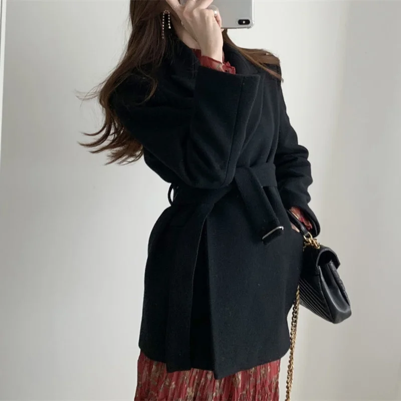 

New 2020 Spring Winter Women's Blazers Woolen Pockets Formal Jackets Outerwear Lace Up Office Lady Wild Tops JK8033-1