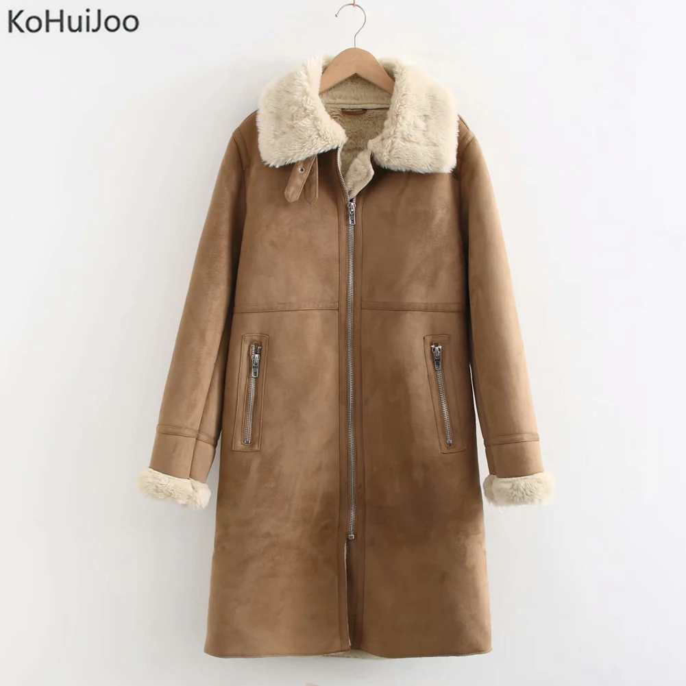 Зимнее длинное пальто из овчины Женские однотонные повседневные Теплые Куртки
