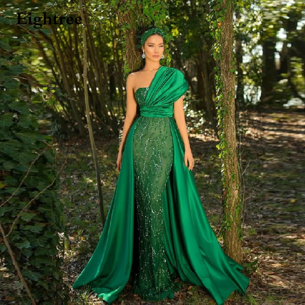  Royal Green Long Sparkly A Line Sleeveless Prom Evening Dresses One Shoulder Saudi Arabia Dubia Formal Party Prom Night Gowns