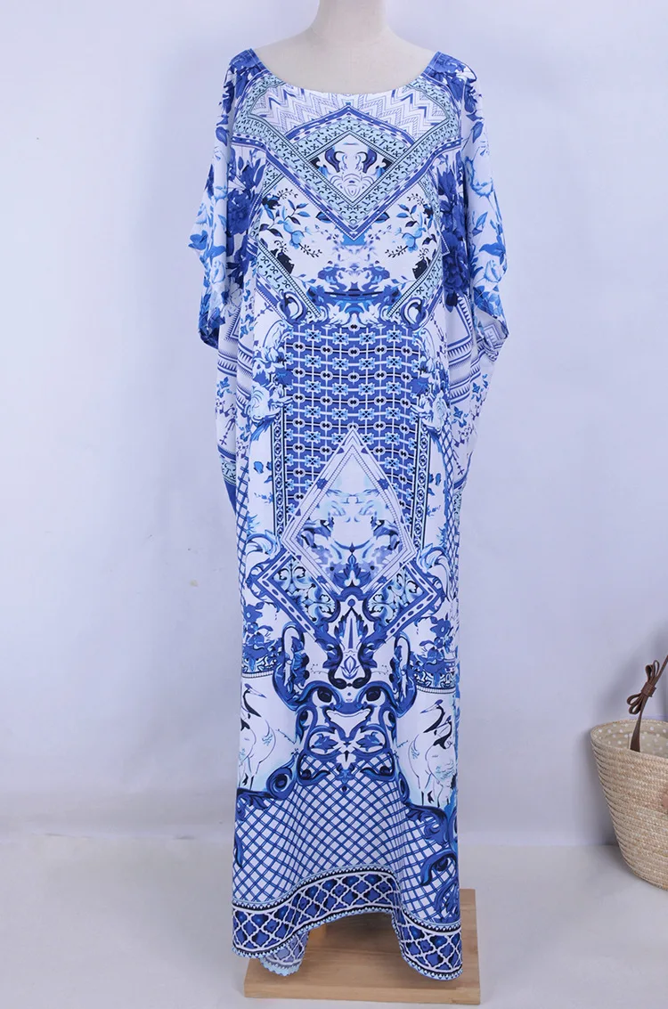 

2020 Cotton Kaftan Beach Dress Blue Tunic Women Summer Plus Size Beachwear Printed Caftan Swimsuit Cover-ups Long Robe de plage