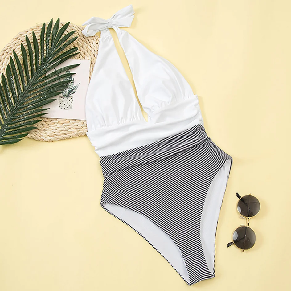 

Sexy Halter One Piece Swimsuit 2021 Plus Size Swimwear Women's Push Up Swimming for Bathing Suit Women Patchwork Wear Monokini