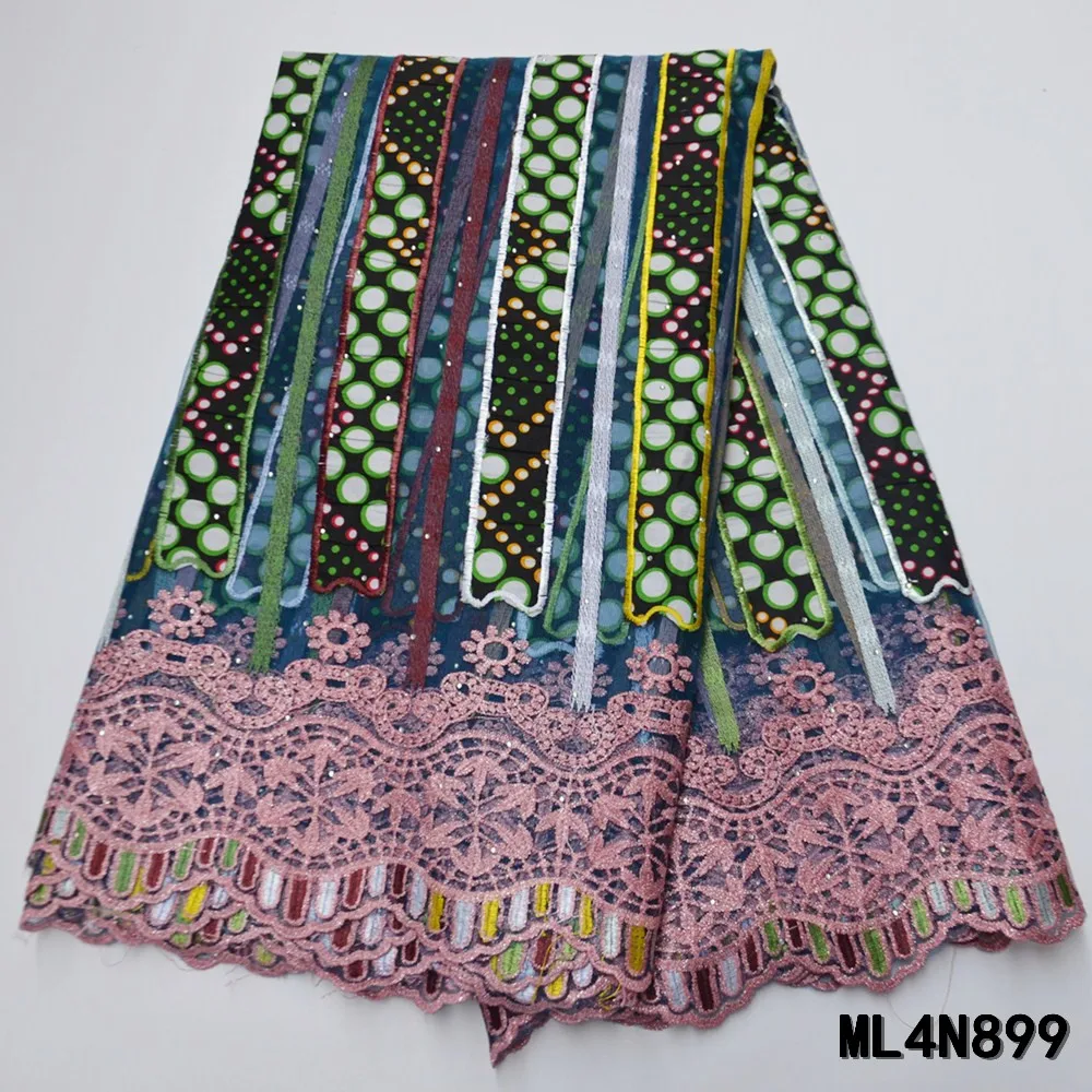 

Красивая французская кружевная ткань, 5 ярдов, Тюлевое кружево, Смешанная восковая ткань, нигерийская кружевная вышивка бусинами и камнями ...