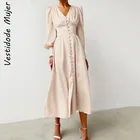 Женское однобортное атласное платье миди VestidosMujer, бежевое элегантное праздвечерние чное платье с высокой талией, V-образным вырезом и рукавами-фонариками