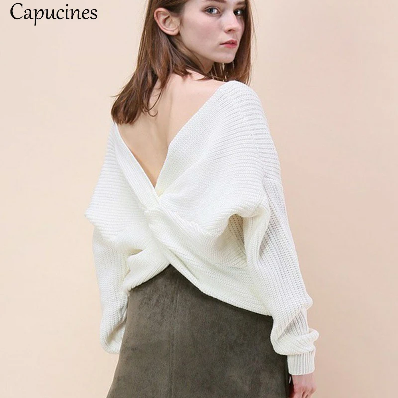 

Capucines New Knot Solid Sweater Women Wear On Both Sides Asymmetrical Sexy V Neck Long Sleeve Pullovers Autumn Winter Jumpers