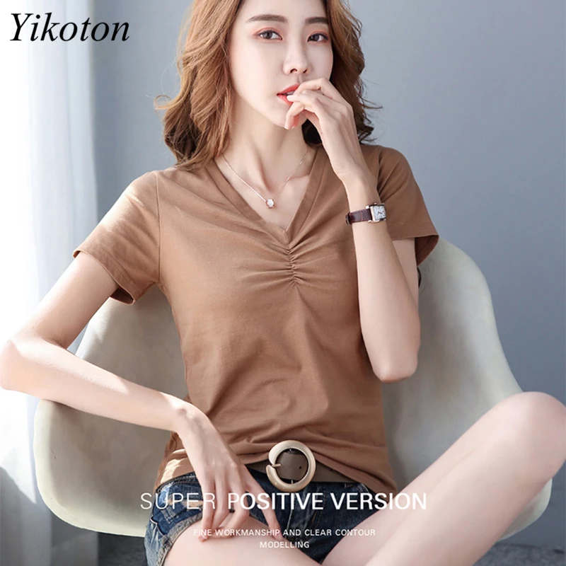 

Cotton Women's T-shirts V-neck Female Fashion Summer Women clothing Ladies Casual T-shirt Short Sleeve Tee Sexy Basic T shirt