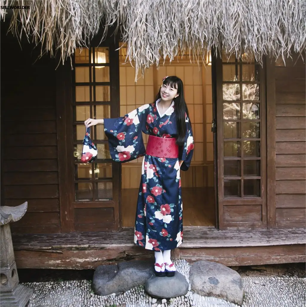 

Japanese Kimono Style blue yukata Girl spring dress Woman Flower print Bloom 2020 retro splice Long Dress