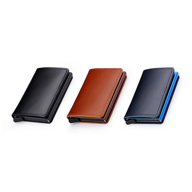 

Unisex automatic pop-up credit card holder metal and PU leather wallet aluminum mini wallet with back pocket ID card RFID wallet