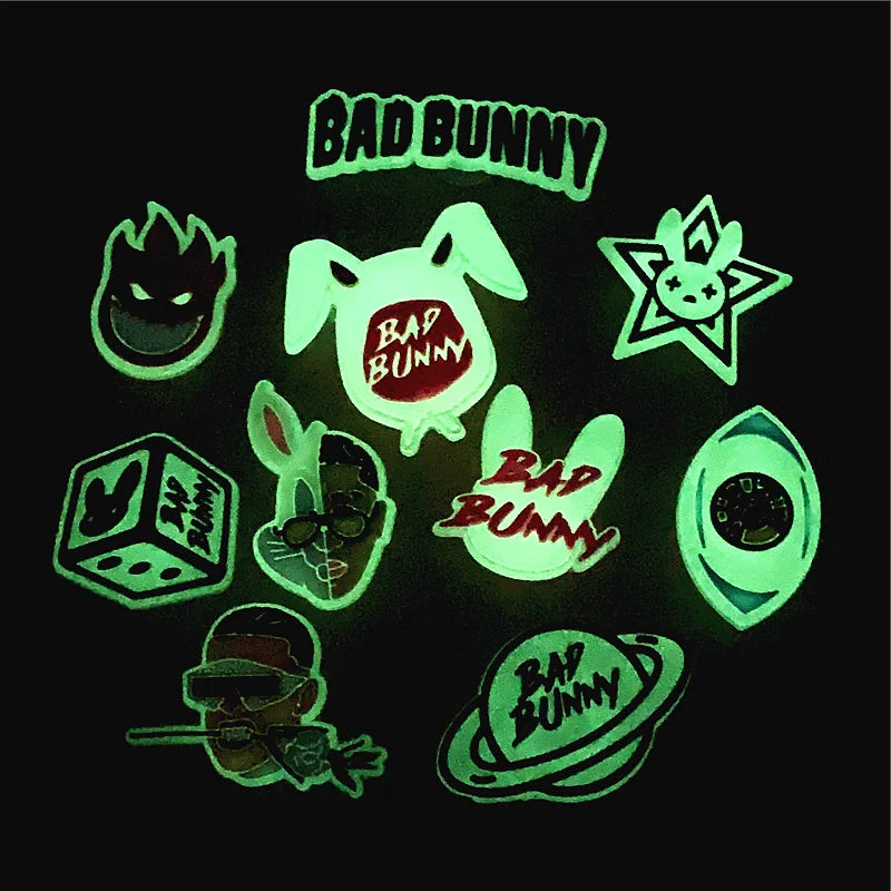 Luminous Bad Bunny Style Shoe Charms Accessories Planet Dice Eye Rabbit Man Shoe Buckle Decorations fit Kids X-mas Party Gifts