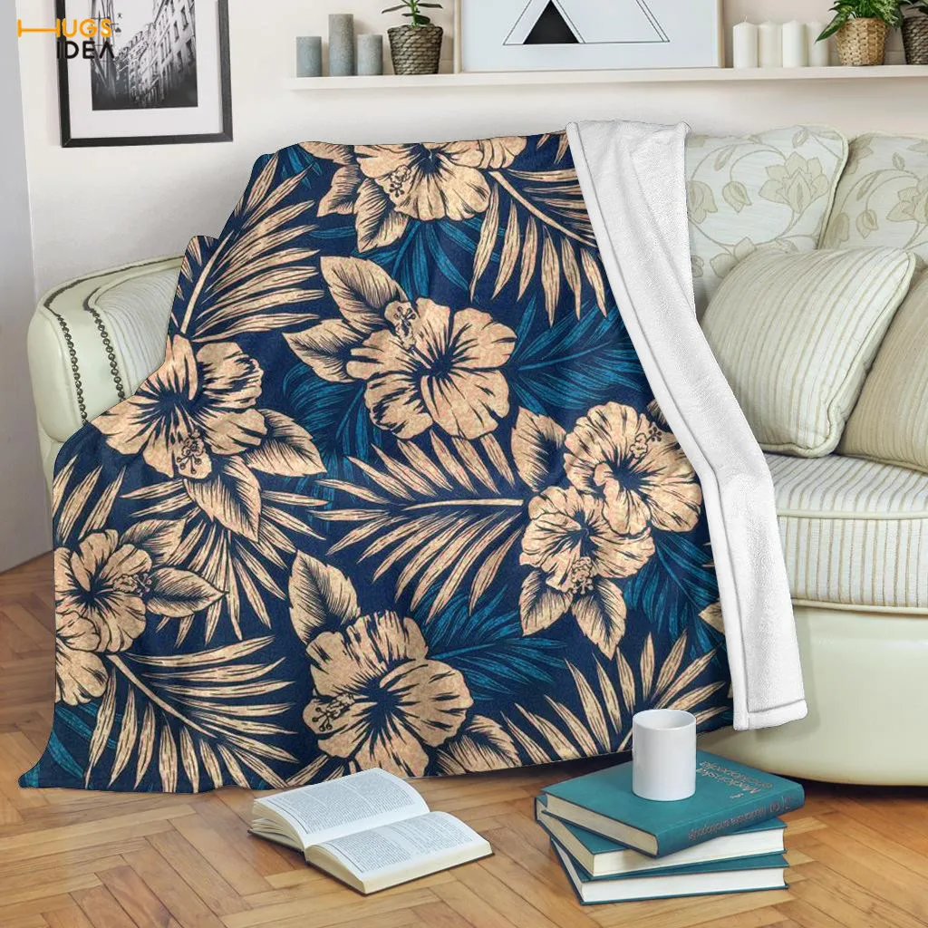 

HUGSIDEA Retro Hibiscus with Leave Pattern Flannel Blanket Home Sofa Couch Nap Quilt Air Conditioning Soft Plush Fleece Blankets