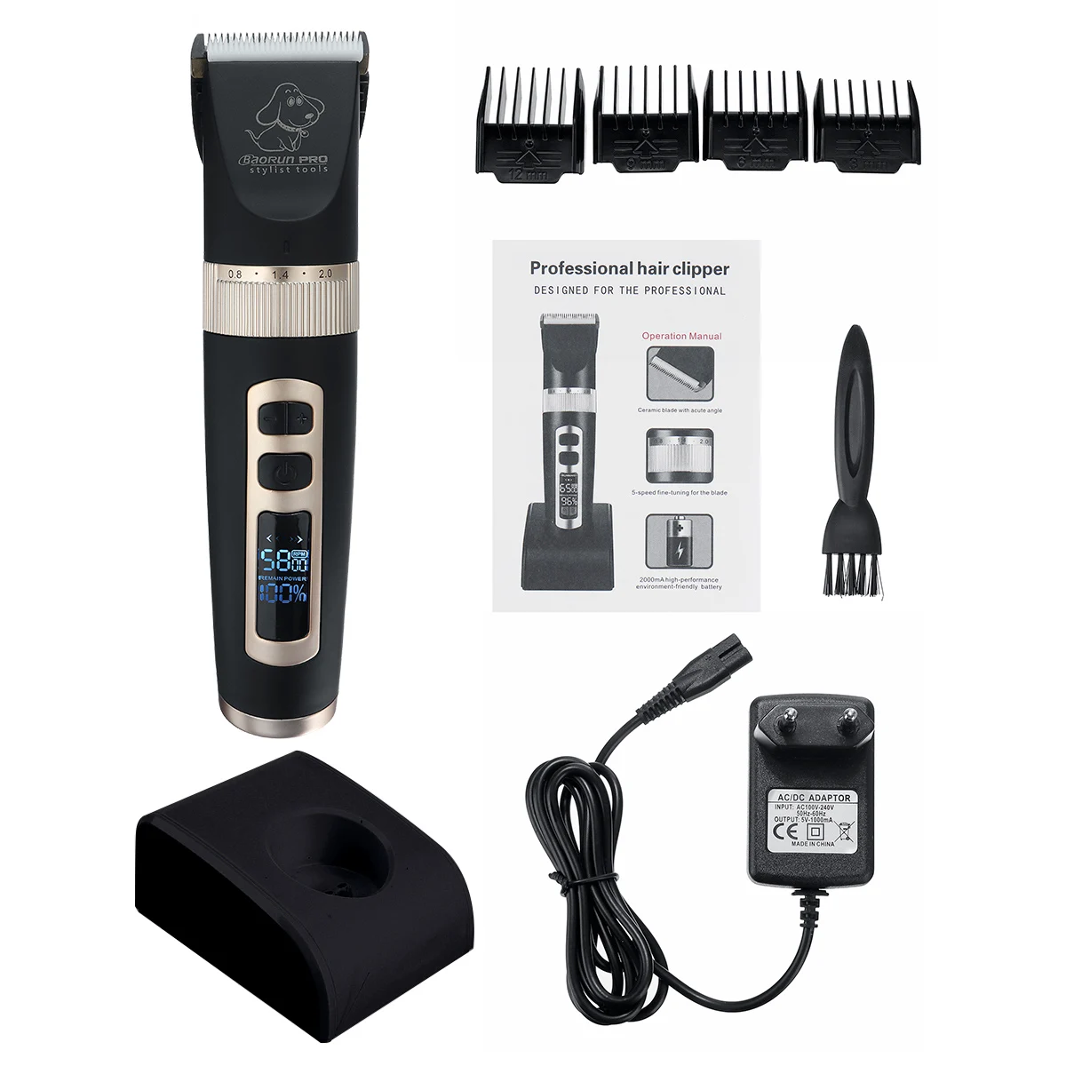 Black EU Plug 2000 мАч Электрический заряжаемый Триммер для кошек и собак 3 шестерни 5 скоростей светодиодный малошумный клипер для стрижки собак набор бритв+ 4 ограничивающие насадки - Цвет: Black EU Plug