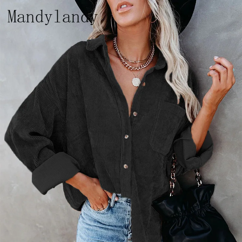 

Mandylandy Shirt Women's Long Sleeve Single Breasted Turn-down Collar Shirt Coat Spring Autumn Solid Color Loose Pockets Shirt