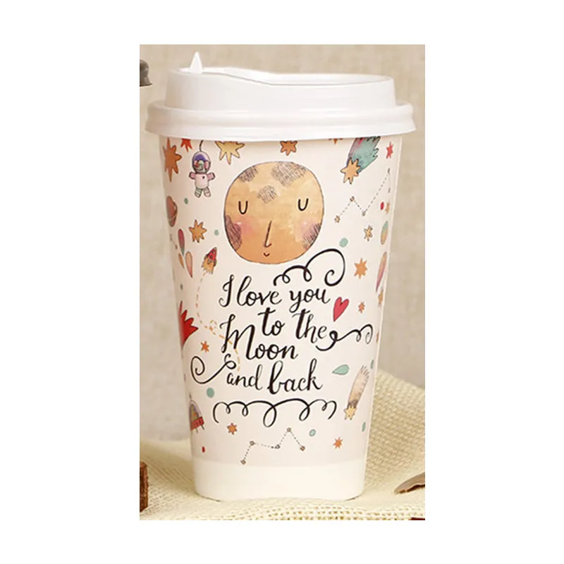 cup and lid 50 шт мультфильм креативная одноразовая кофейная чашка 500 мл вечерние день рождения холодные и горячие напитки толстый молочный бумажный стаканчик для чая с крышкой - Цвет: cup and lid