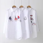 Женская Повседневная рубашка Dioufond, белая хлопковая блузка на пуговицах с отложным воротником и длинными рукавами, с вышивкой кота, на весну