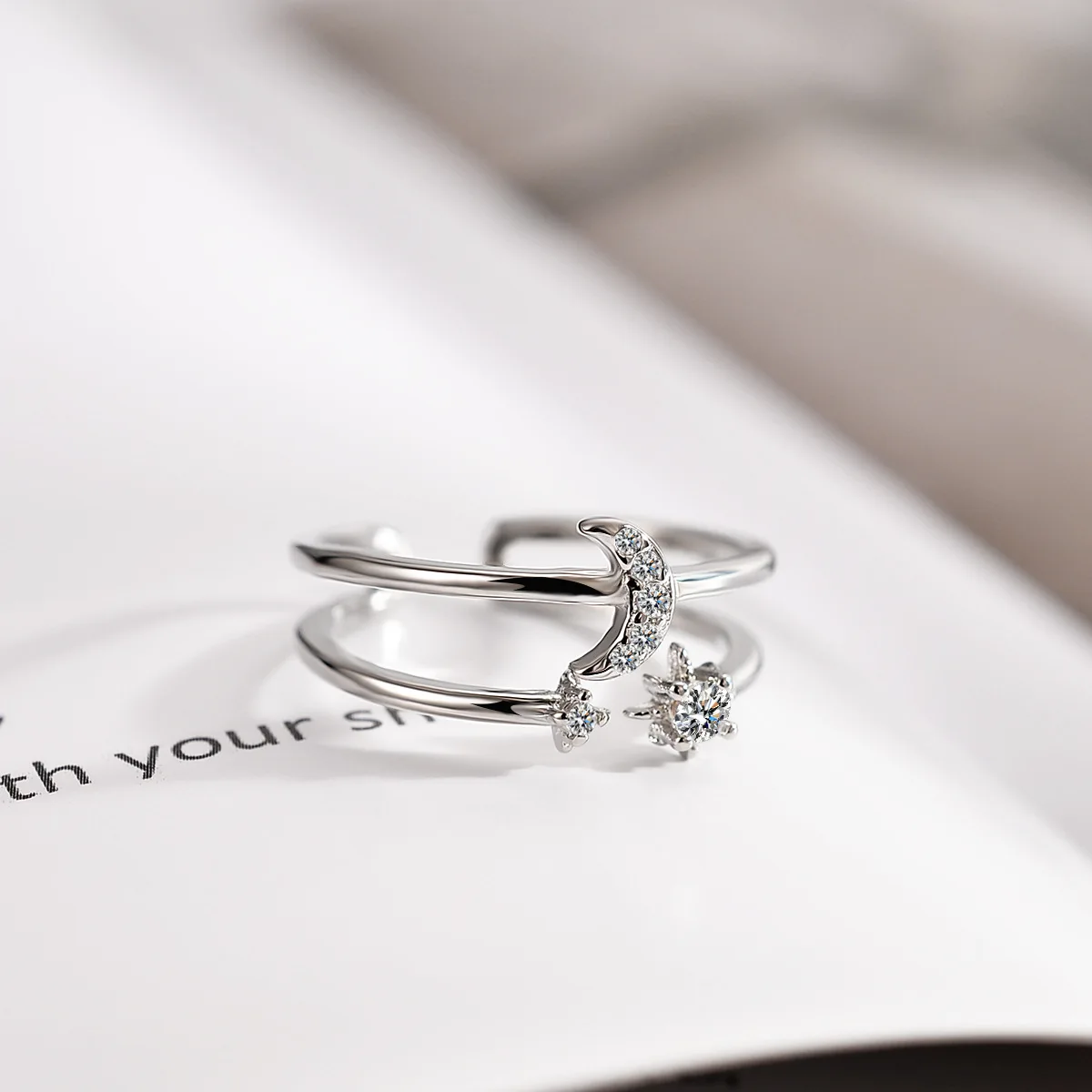 Silver Plated Design Moon Double Deck Ring Fashion Lady AAA Cubic Zirconia Star Open Simple Luxury Girl Valentine Day Gift | Украшения и