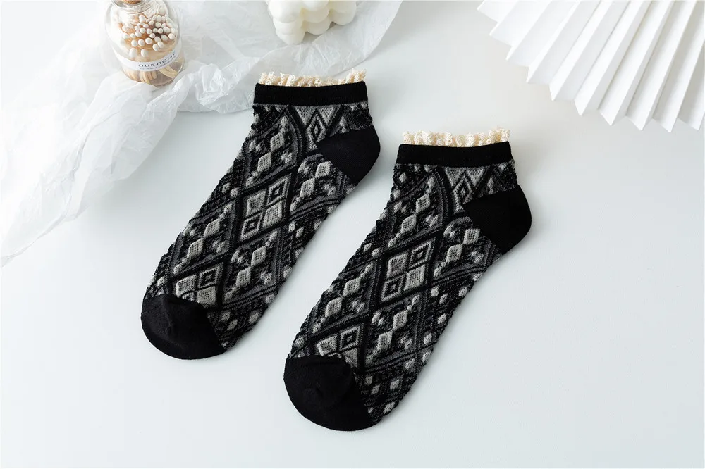 

10pairs/lot Retro Cotton Pure Cross Border Lace Lattice Japanese New Women Boat Ethnic Style Socks Ankle Woman Harajuku Lace