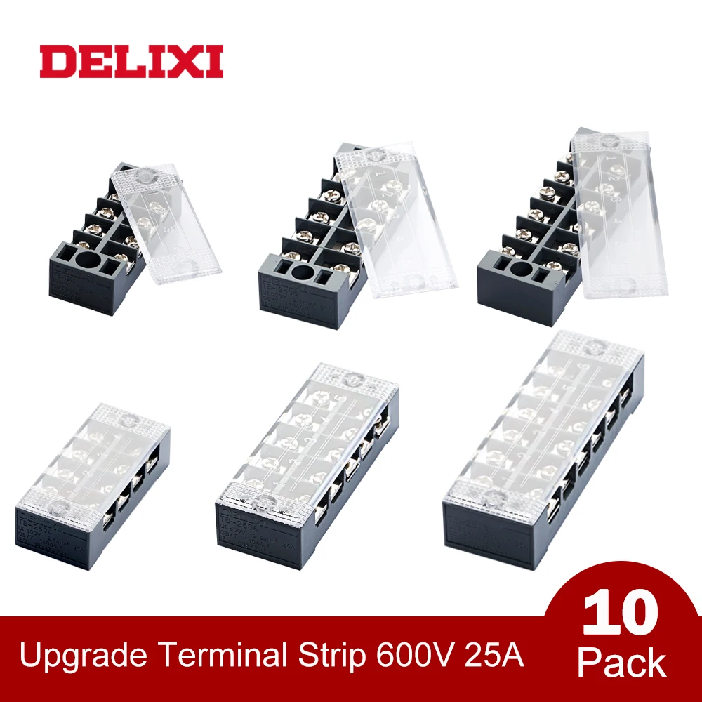 

DELIXI 10pcs 3/4/5/6/10/12 Positions Terminal Block barrier 600V 25A electric dual row screw Power Distribution Wire Connector