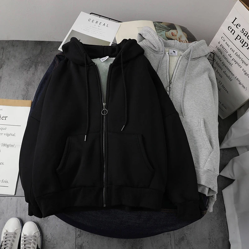 Winter Casual Street Loose Oversized hoodie Solid Harajuku Imitation lambswool Soft Warm Zipper Y2K Women sweetshirts grunge Top