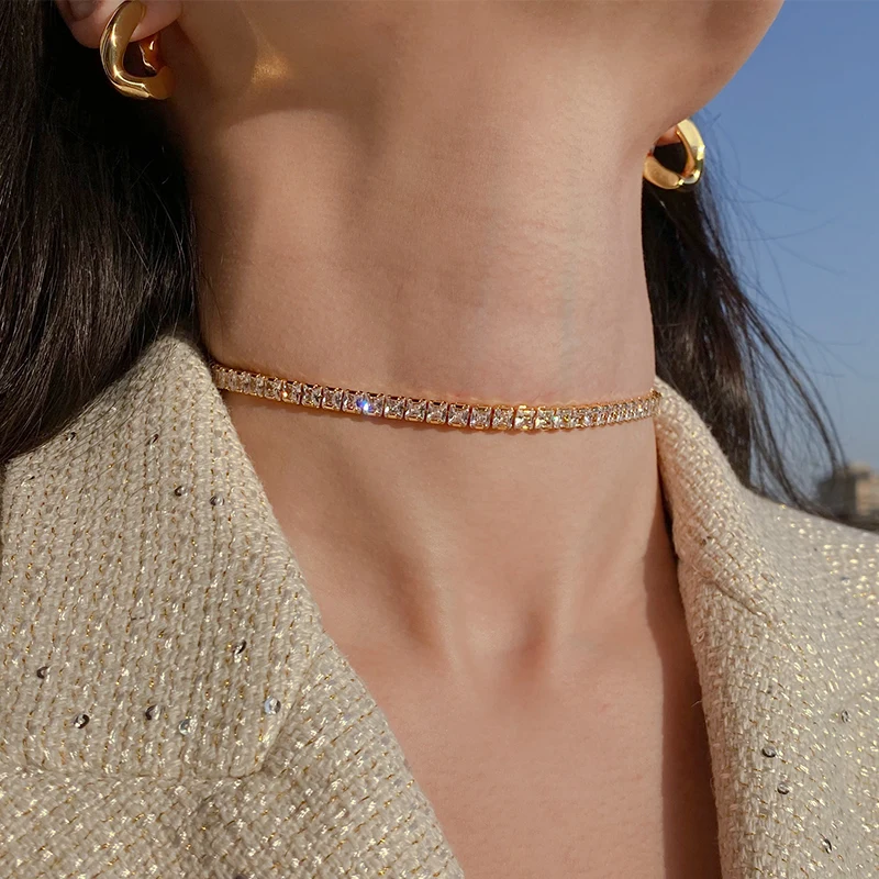 

2021 New Sweet Korean Necklace for Girl Shiny Cz Stone Filled 14k Gold Plated Short Tennis Chain Choker Necklaces for Women