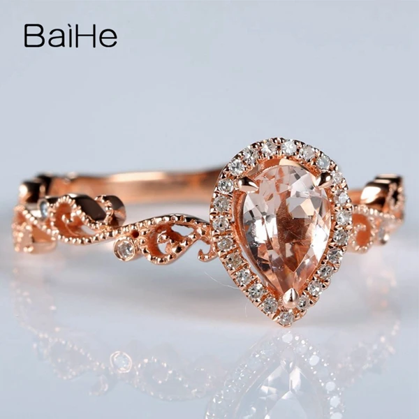 BAIHE 0.5ct 5X7 мм Груша натуральная морганит Твердые 10 к розовое золото натуральные бриллианты Женское Обручальное кольцо Millgrain Стильное кольцо