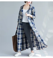 2021 new spring fall women vinage plaid long trench coat large size korean new casual loose long sleeve shirt hooded windbreaker