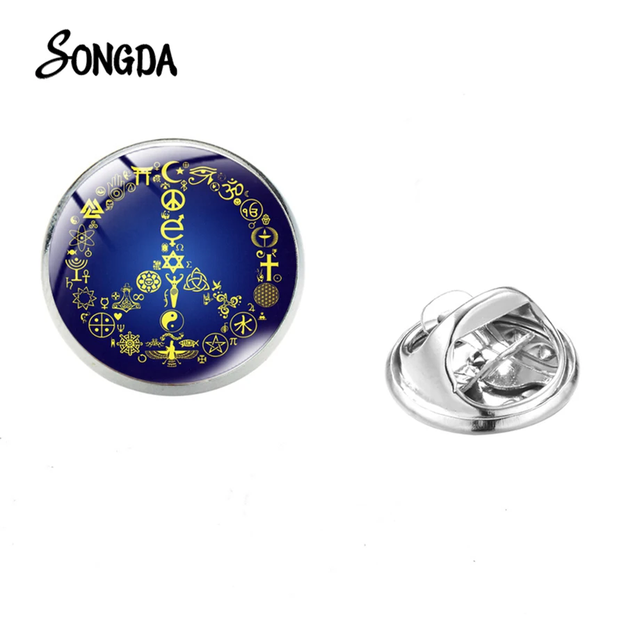 

New Arrival Peace Symbol Collar Pin Brooch Round Hippie Peace Sign Lapel Pins Butterfly Stainless Steel Pins Glass Dome