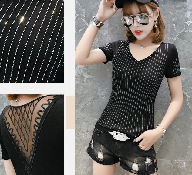 

Summer Fashion Korean Clothes T-shirt Sexy Shiny Diamonds Patchwork Mesh Women Tops Ropa Mujer All Match Cotton Tees 2020 T06626