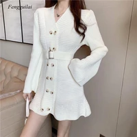 double breasted dresses women slim waist knitted solid color flare sleeve korean chic vestidos