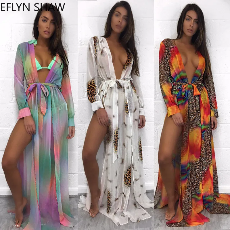 Женское пляжное платье с длинным рукавом шифоновое макси-платье глубоким