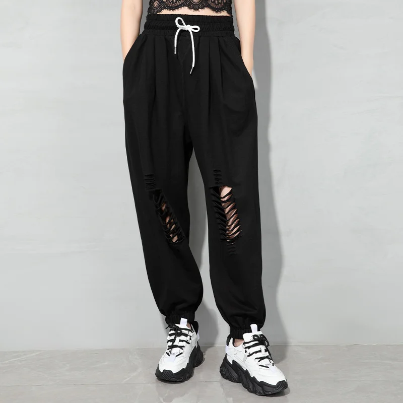 

Max LuLu Korean Street Style 2021 Summer Womens Holes Fitness Gray Harem Pants Ladies Elastic Loose Trousers Ripped Pantalons