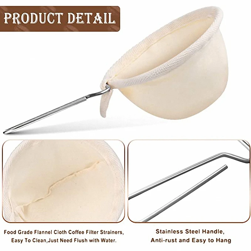 

5 Pieces of Flannel Coffee Filter Reusable with Stainless Steel Handle Handmade Coffee Accessories for Home and Office