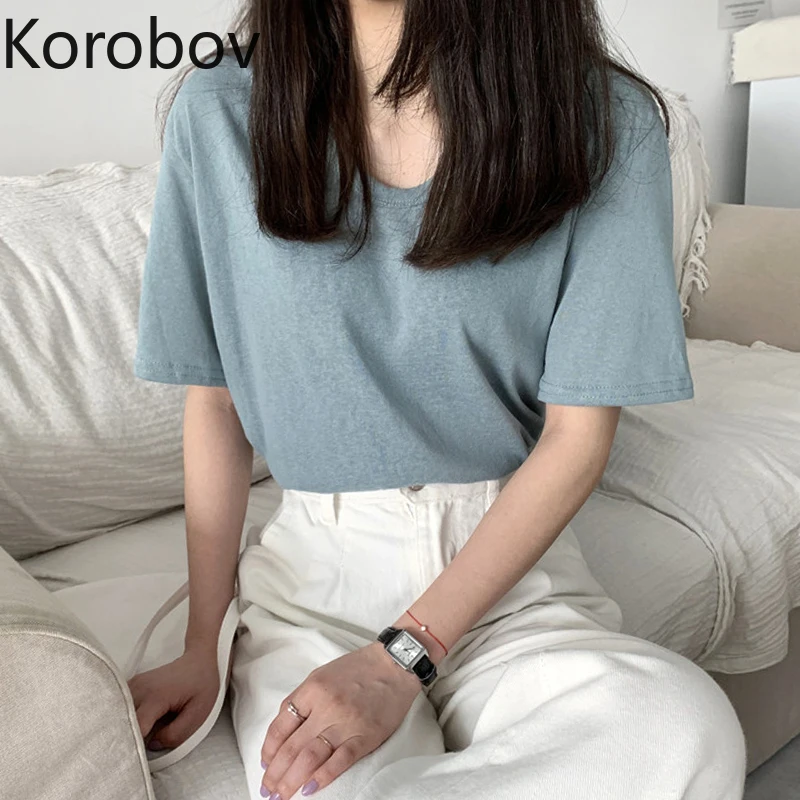 Korobov однотонные стиль Харадзюку Ulzzang женские футболки винтажные с круглым