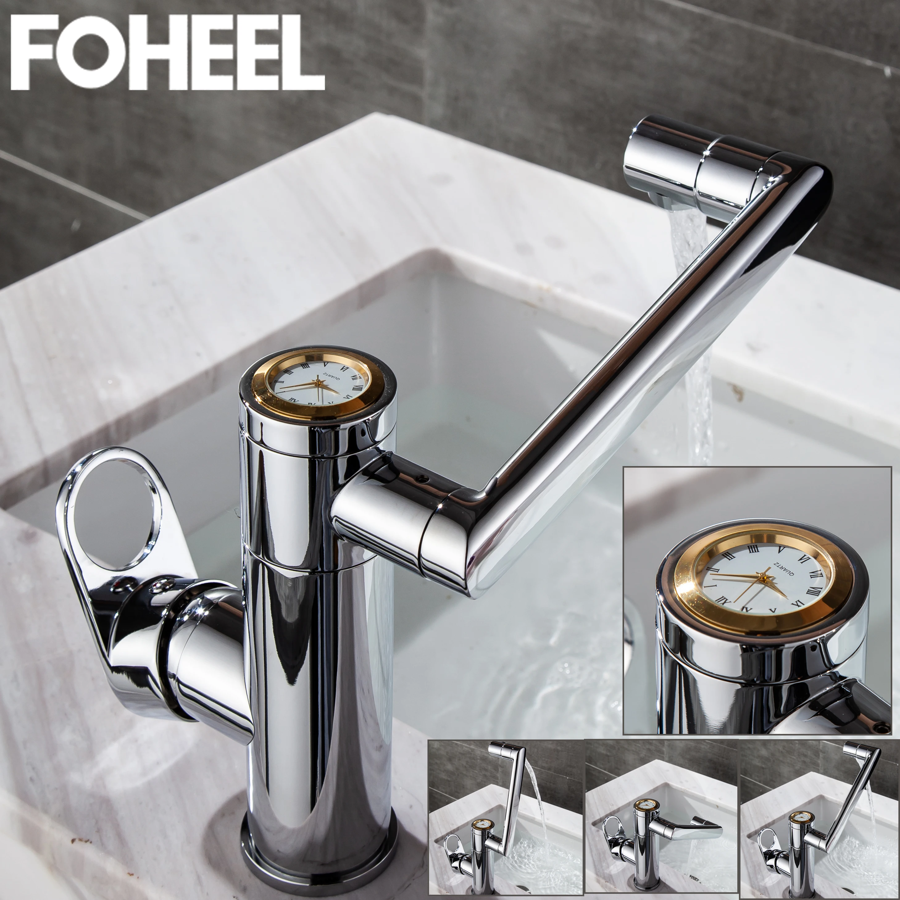 

FOHEEL Роскошный Золотой Серебряный смеситель для раковины с поворотом на градусы