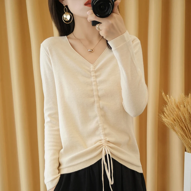 

100% cotton knitted women's V-neck long-sleeved cotton sweater Slim sweater 2021 pure cotton long-sleeved