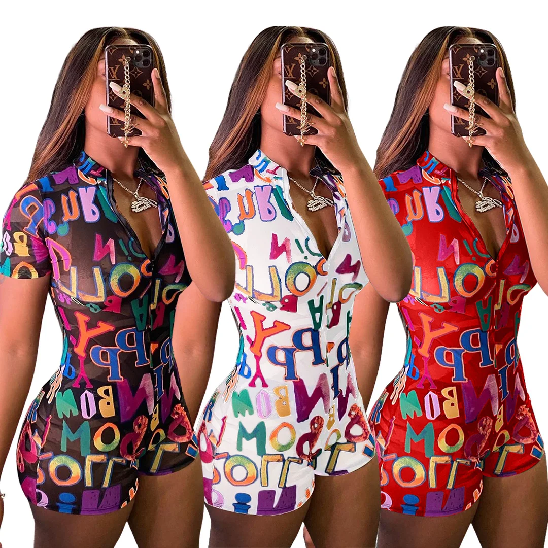 

2021 Summer Women Jumpsuit One Piece Boutique Hot Style Model Sexy Graffiti Letter Print Fashion Bodycon Short Rompers Bodysuit