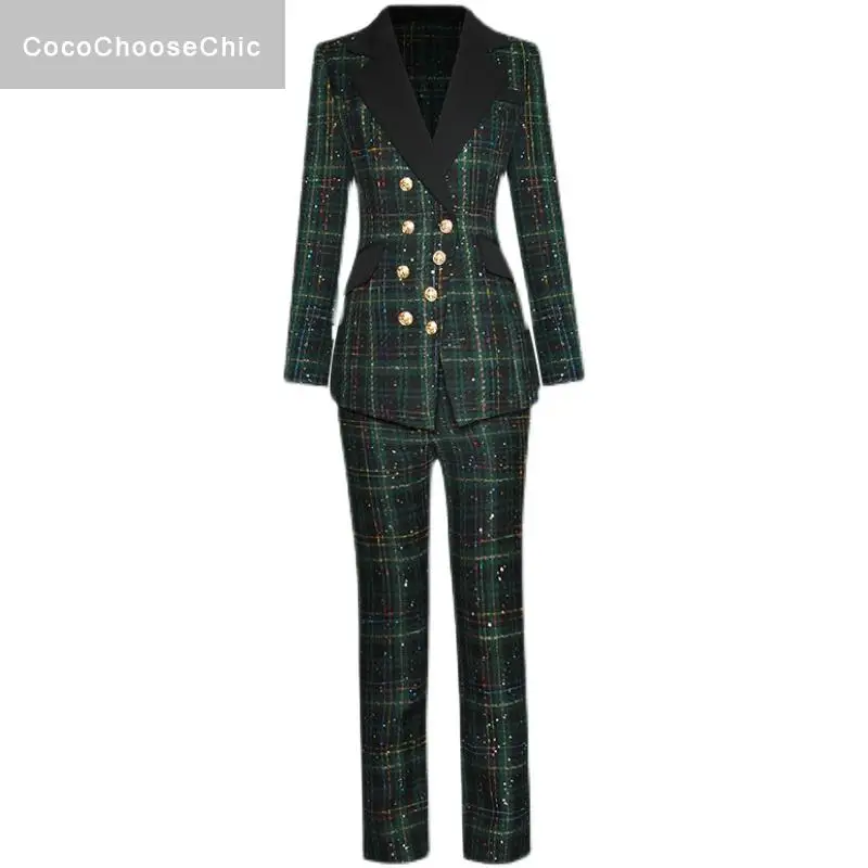 

Женский твидовый костюм с брюками, дизайнерский костюм из двух предметов, шерстяной двубортный зеленый клетчатый пиджак и длинные брюки, зи...