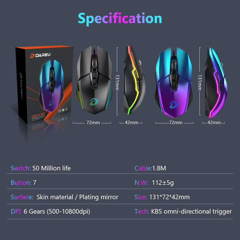 dareu em915 rgb gaming mouse pmw3336 10800 dpi 50 million life 7 button mice with kbs buttons omni directional trigger for gamer free global shipping