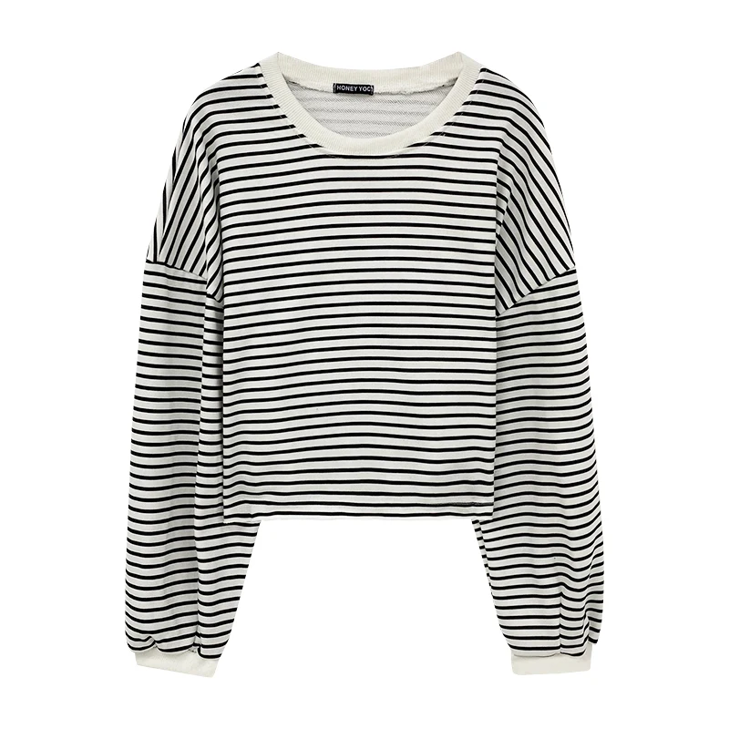 

Spring Autumn Korean Harajuku Sweatshirt Women Simple O Neck Drop Shoulder Striped Hit Color All-match Loose Hoodies For Student
