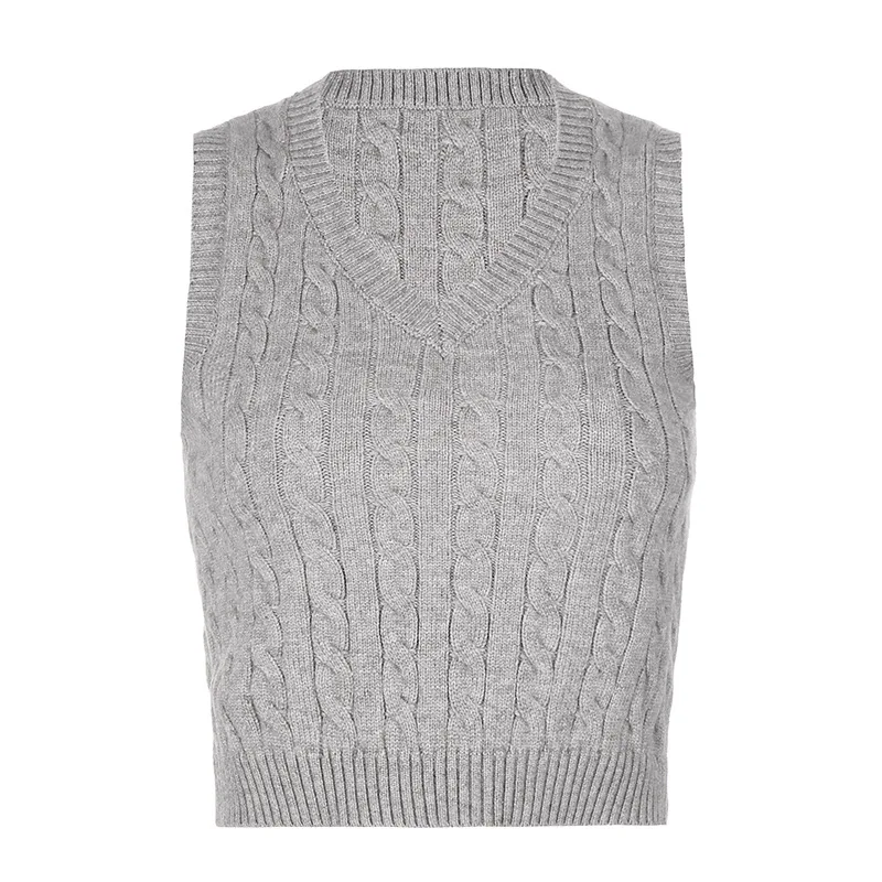 

2021 New Style College Style Basic Solid Color V-neck Woolen Vest Sleeveless Casual Sweater Top