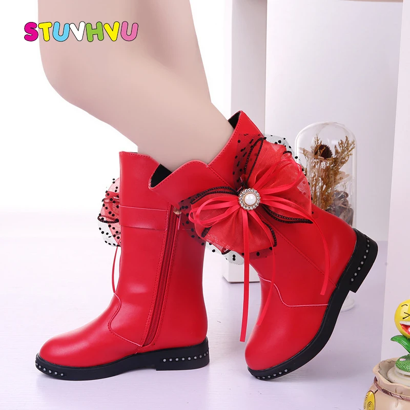 

Winter Boots Girls Shoes 2020 New Non-slip Plus Velvet Warm Children Boots Lace Bow Leather Kids Princess High Boots for Girls