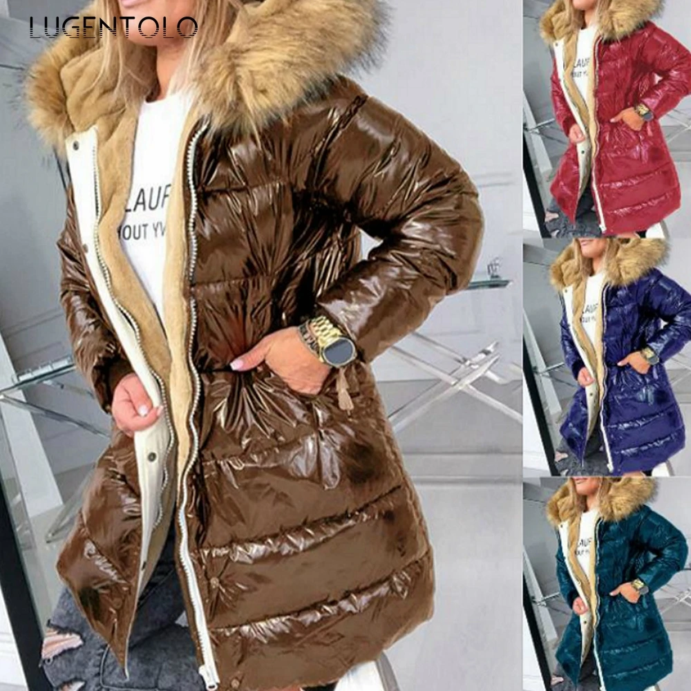 

Lugentolo Winter Parka Women Thickening Fashion Warm Fleece Slim Solid Bright Zipper Fur Collar Hooded Womens Winter Coats