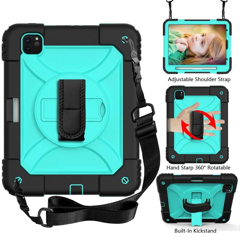 

For iPad Air4 colorful contrast color strap hand strap tablet cover silicone PC rotating bracket 10.9 inch protective case