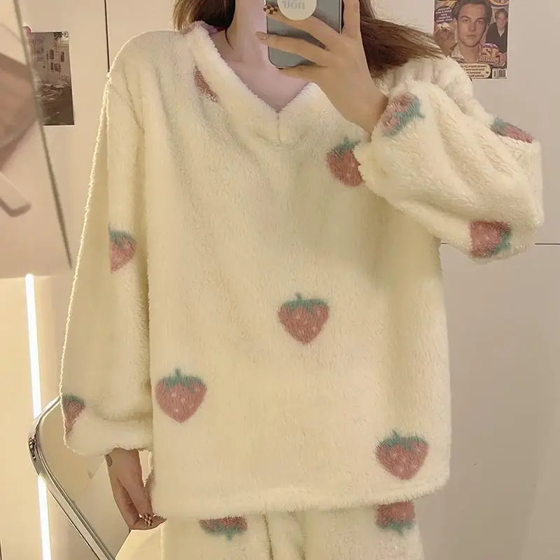 QWEEK Sleepwear Women Coral Fleece Pajamas Winter Home Clothes V Neck Strawberry Pyjamas loungewear Pijamas Kawaii Nightwear