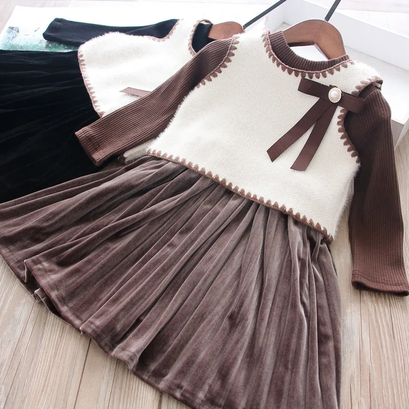 

Sweet Kids Girls Spring Autum Ruffles Velvet Dress with Knitted Vests 2pcs Sets Cute Children Clothes
