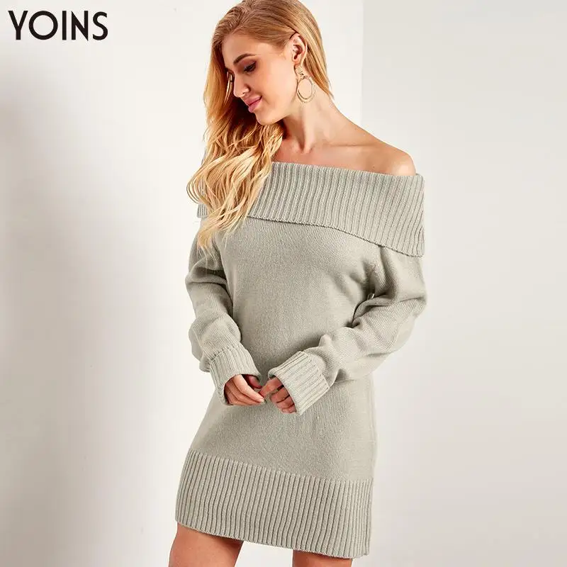 YOINS 2020 Autumn Winter Womens Dress Sweater Off The Shoulder Long Sleeves Mini Length Loose Casual Sexy Streetwear Grey | Женская