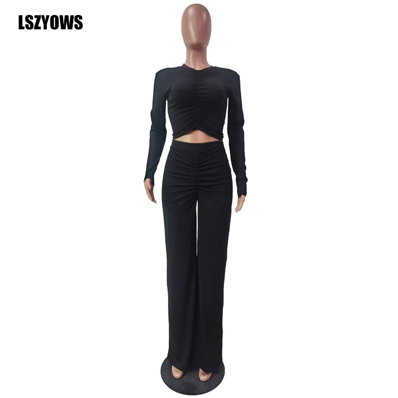 

Ruched Pants Suits Women Solid Color Long Sleeve Crop Top High Waist Wide Leg Pants Casual Two Piece Set Autumn Tracksuit Outfit