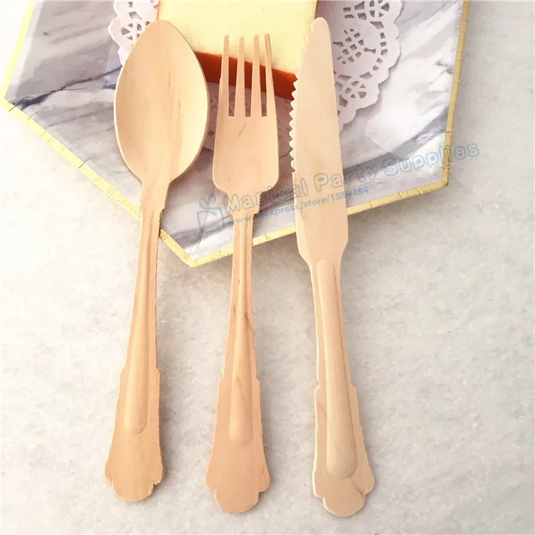 Free Ship 30pcs Wooden Forks Spoons Knives for Wedding Tablesettings Barouque Style Cutlery Eco Friendly Party Utensils | Дом и сад