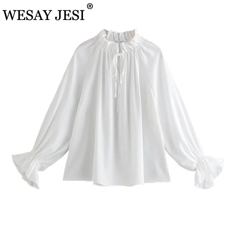 

WESAY JESI ZA Fashion Shirt For Women Retro Solid Color Pleated Single-breasted Casual Top Lady Long-sleeved Chic Loose Shirt