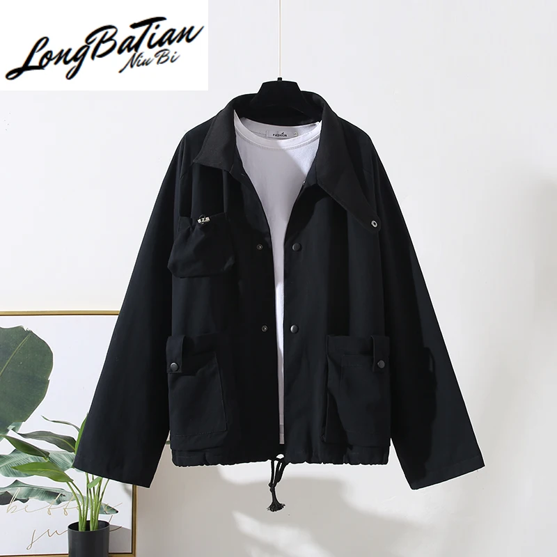 

Корейская свободная ветровка с воротником-стойкой, бейсбольная куртка, Женская Куртка Harajuku с длинным рукавом, черная Студенческая одежда, ж...