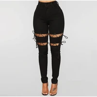 plus size low rise hollow out sexy lace up black stacked jeans women slim ripped skinny denim melody pants street slit trousers