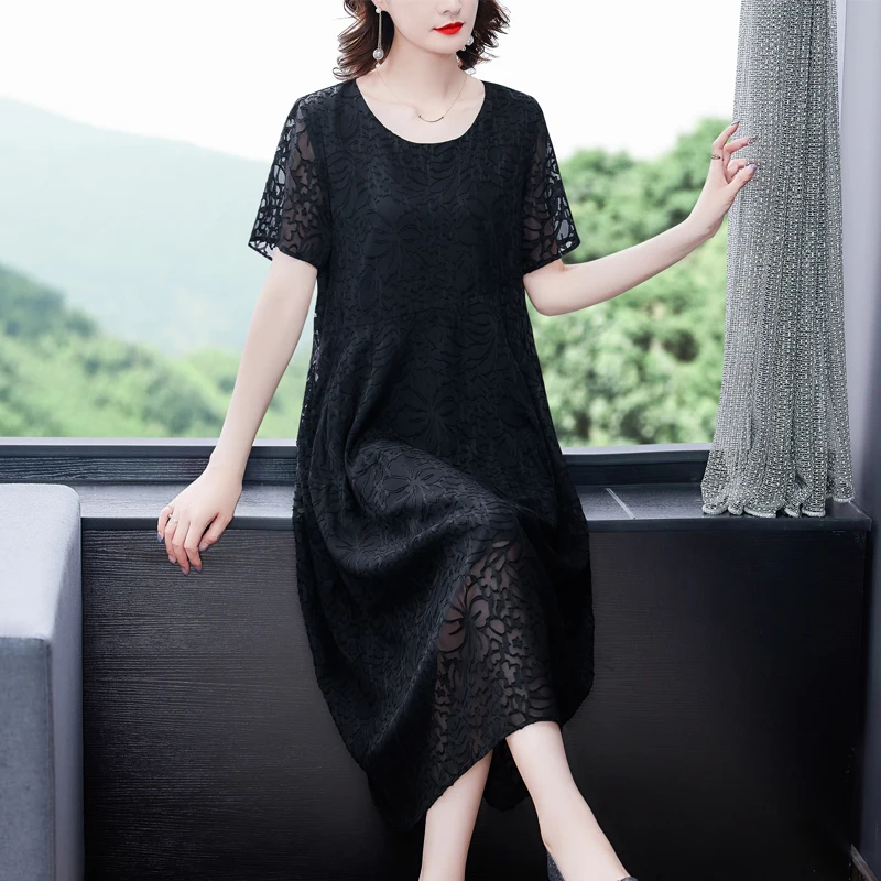 

COIGARSAM Women Long Dress Summer 2021 New Office Lady Short Sleeve Loose O-Neck Black Dresses Traf Vestidos Robe